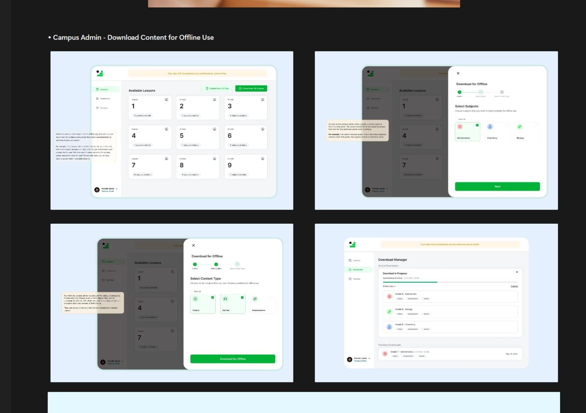 The Campus Admin's offline-content download flow: pick grade, pick subjects, pick content type, see download progress