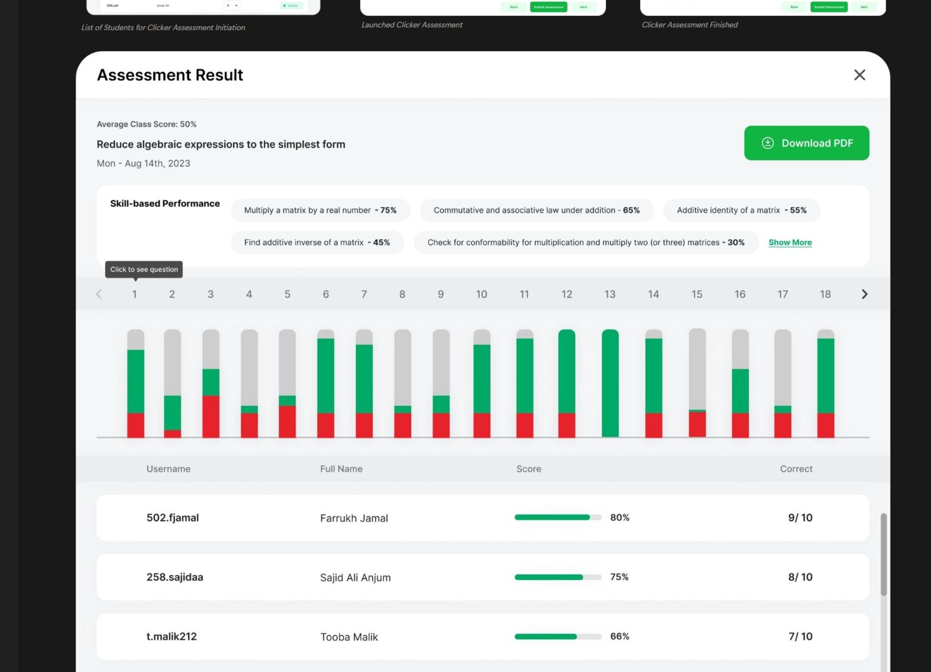 The new assessment result screen with skill-level performance, question-by-question chart, and per-student rows