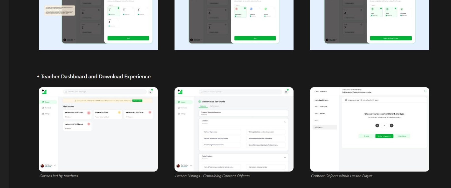 Teacher view: dashboard with their classes, the lesson listing with all content objects, and the in-lesson content player